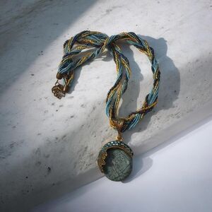 Braided Necklace with Stone Pendant in Blue and Gold